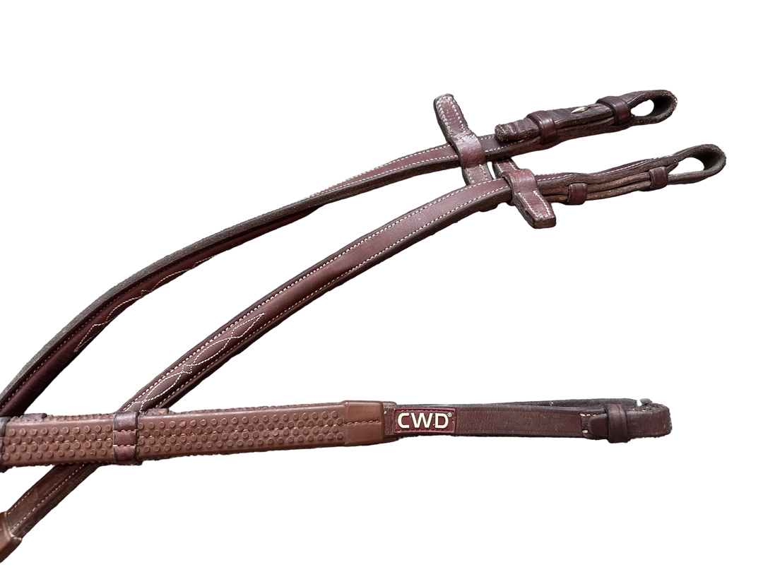 PRE-LOVED CWD RAISED FANCY STITCH RUBBER REINS WITH LEATHER STOPPERS