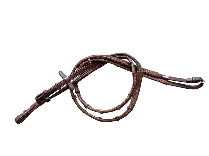 PRE-LOVED CWD RAISED FANCY STITCH RUBBER REINS WITH LEATHER STOPPERS