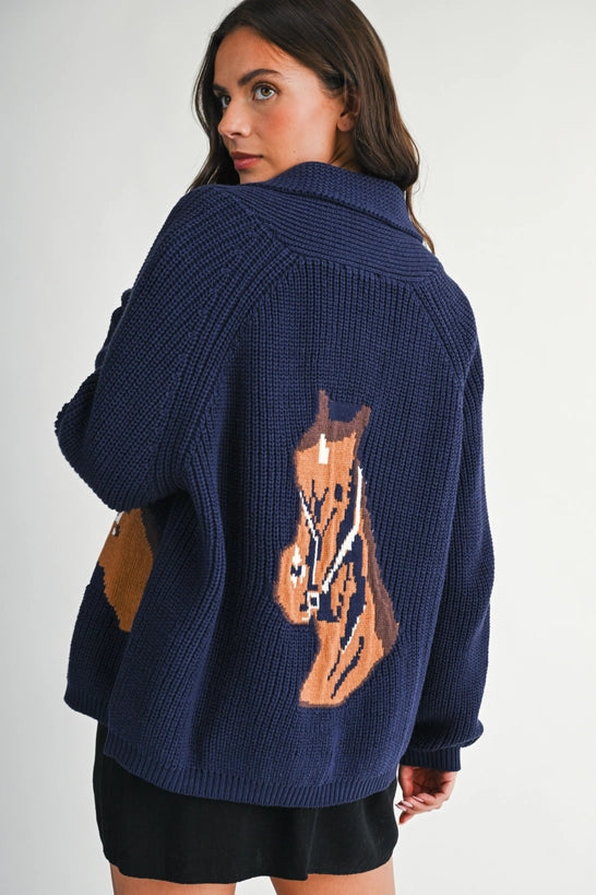 AEMI + CO Equestrian Horse Intarsia Knit Cardigan