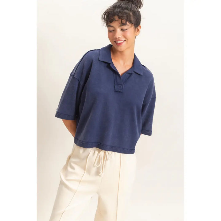 HYFVE Mineral Wash Oversized Collar Short Sleeve Top