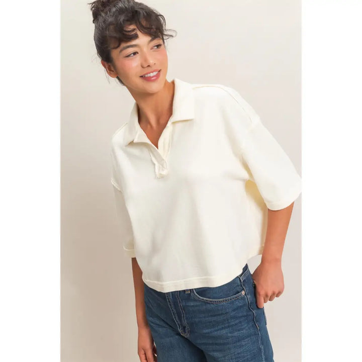 HYFVE Mineral Wash Oversized Collar Short Sleeve Top