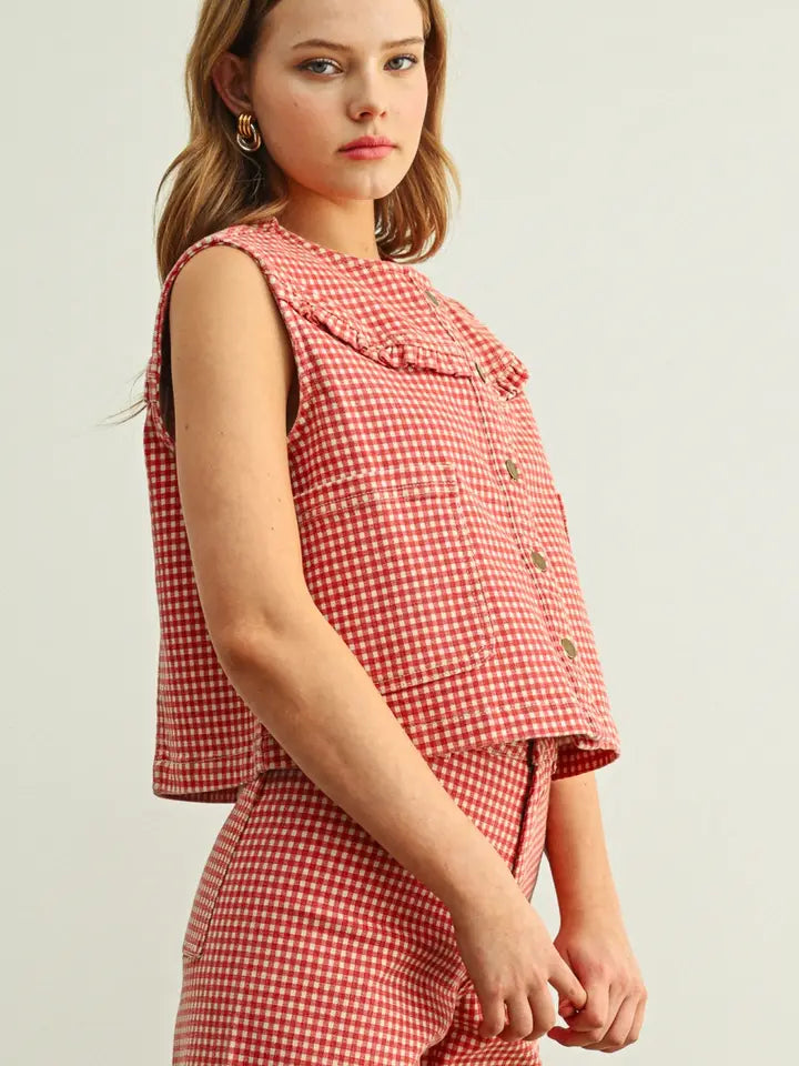 MIOU MUSE Gingham Printed Button Front Vest