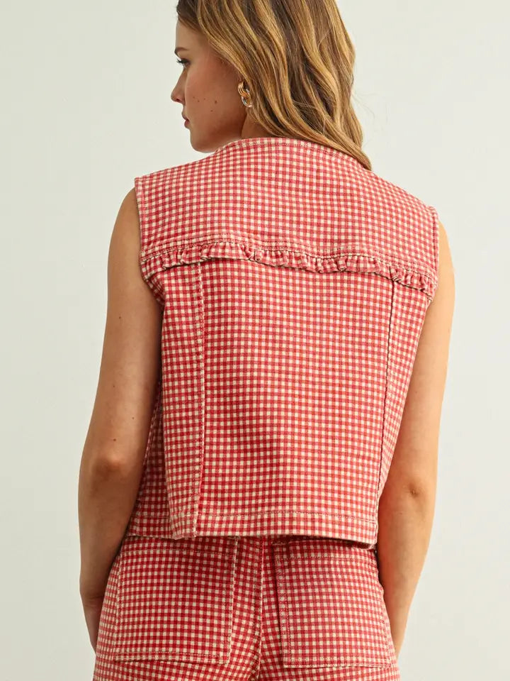 MIOU MUSE Gingham Printed Button Front Vest