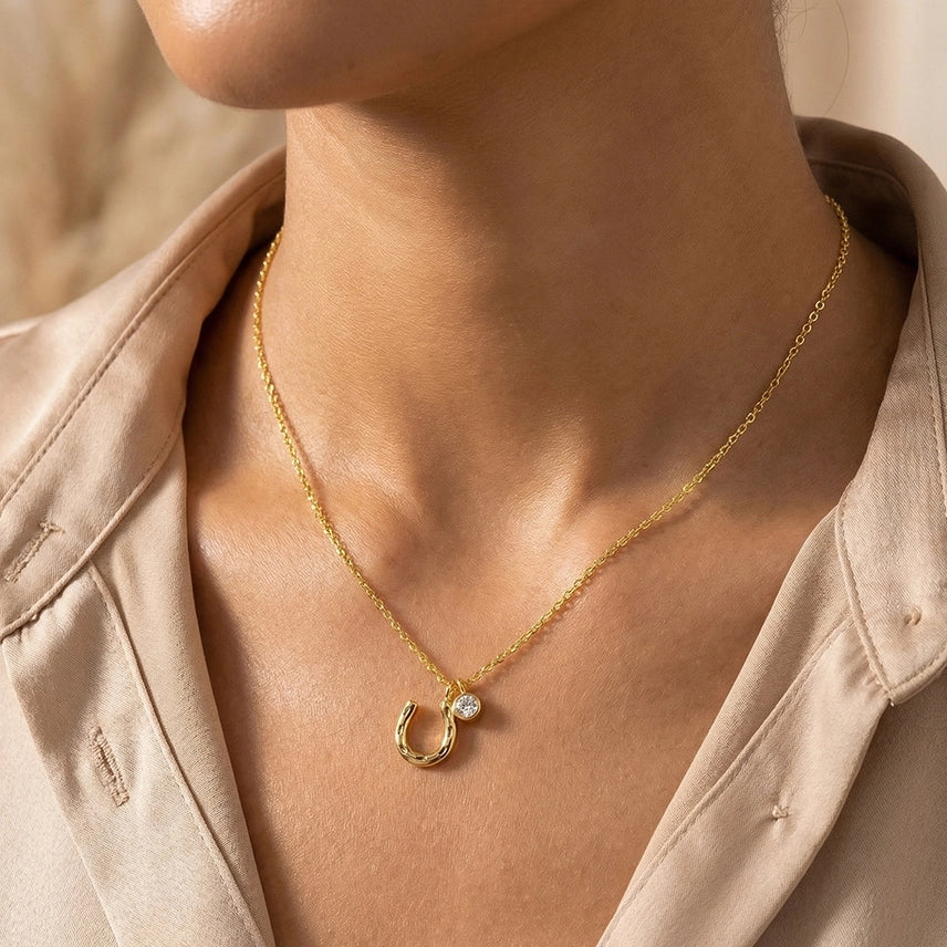 Anarchy Street Gold Dipped Horse Shoe and Cz Charm Necklace