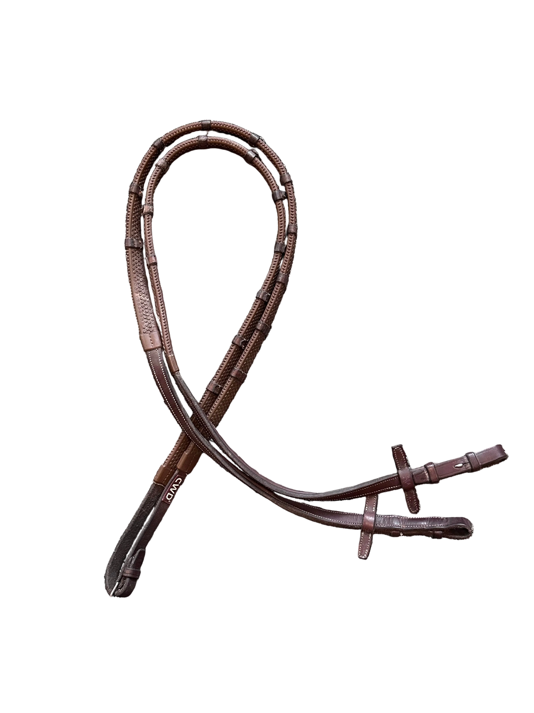 PRE-LOVED CWD RAISED FANCY STITCH RUBBER REINS WITH LEATHER STOPPERS