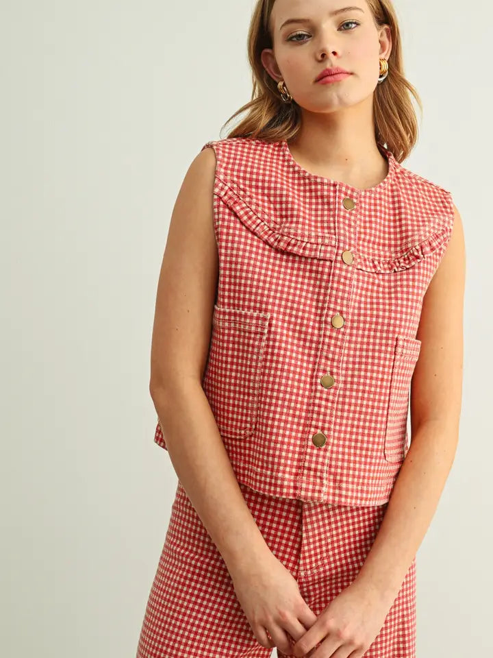 MIOU MUSE Gingham Printed Button Front Vest