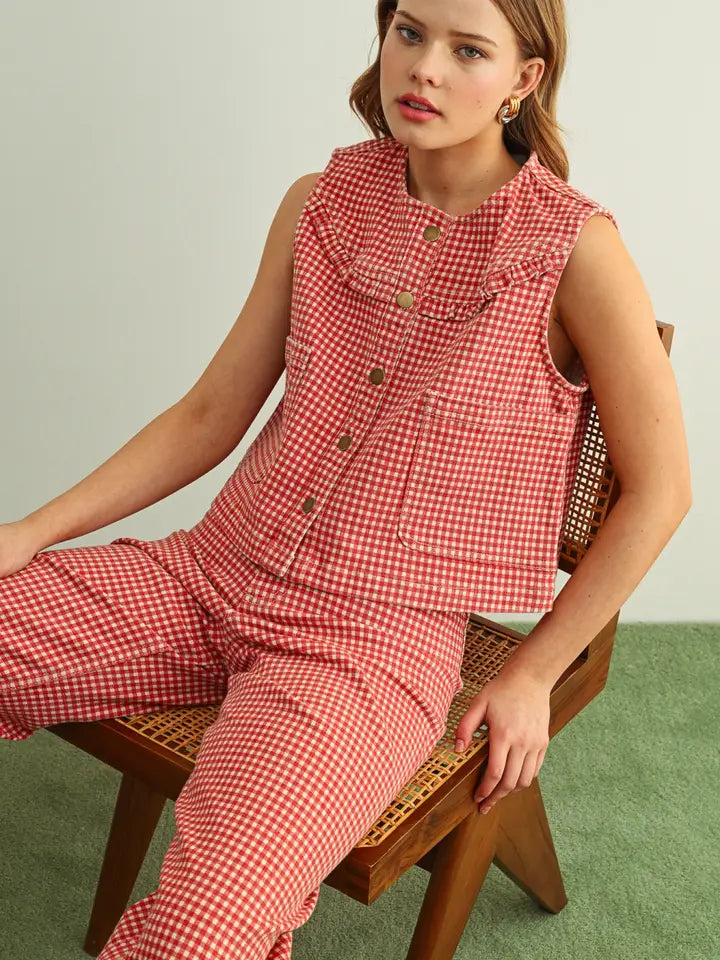 MIOU MUSE Gingham Printed Stretch Pants