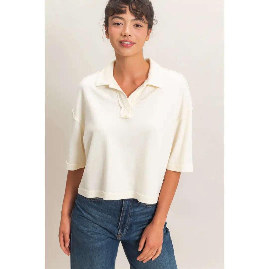 HYFVE Mineral Wash Oversized Collar Short Sleeve Top