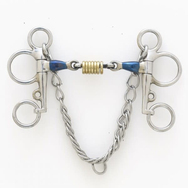 BLUE STEEL DOUBLE JOINT BRASS ROLLER PELHAM